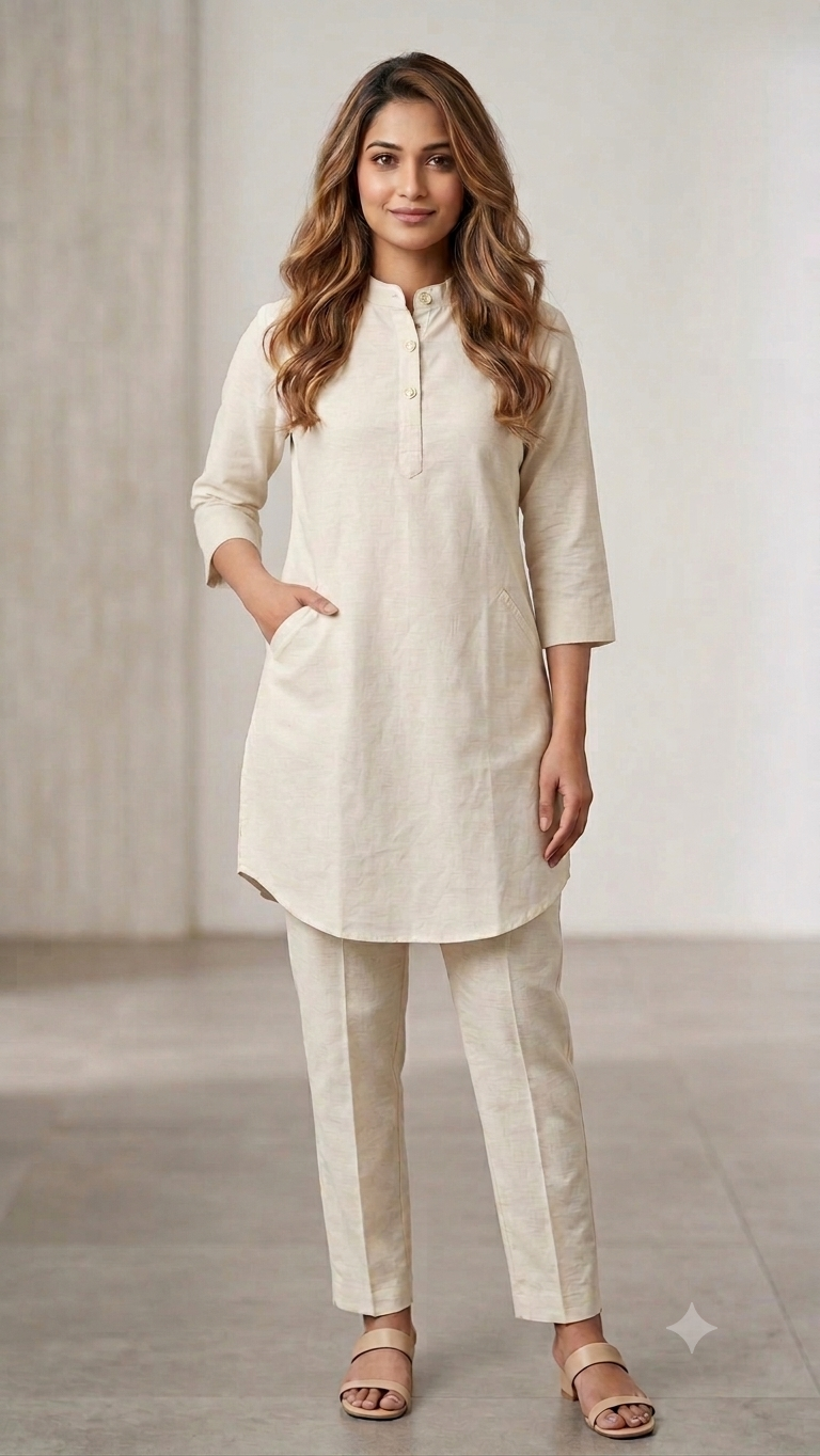 Ivory Linen-Look Pure Cotton Kurta & Pant Co-ord Set.
