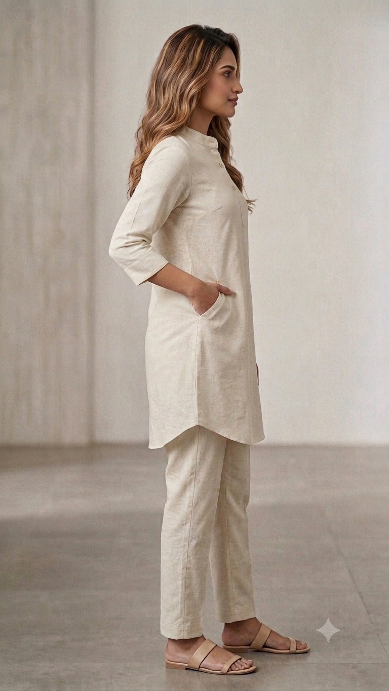 Ivory Linen-Look Pure Cotton Kurta & Pant Co-ord Set.