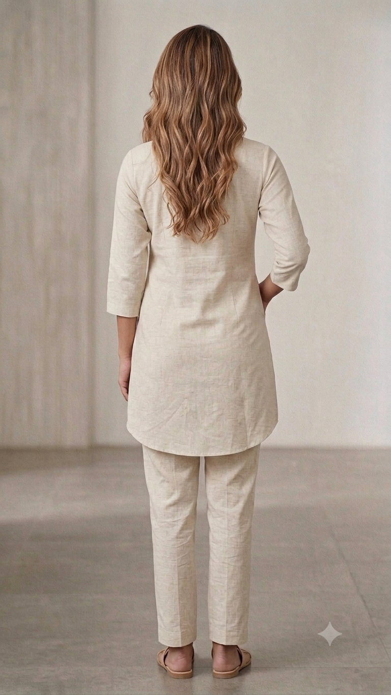 Ivory Linen-Look Pure Cotton Kurta & Pant Co-ord Set.