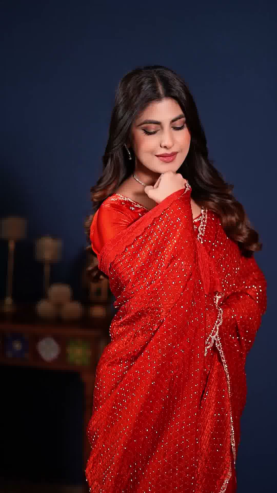 Red embellished designer saree, third view