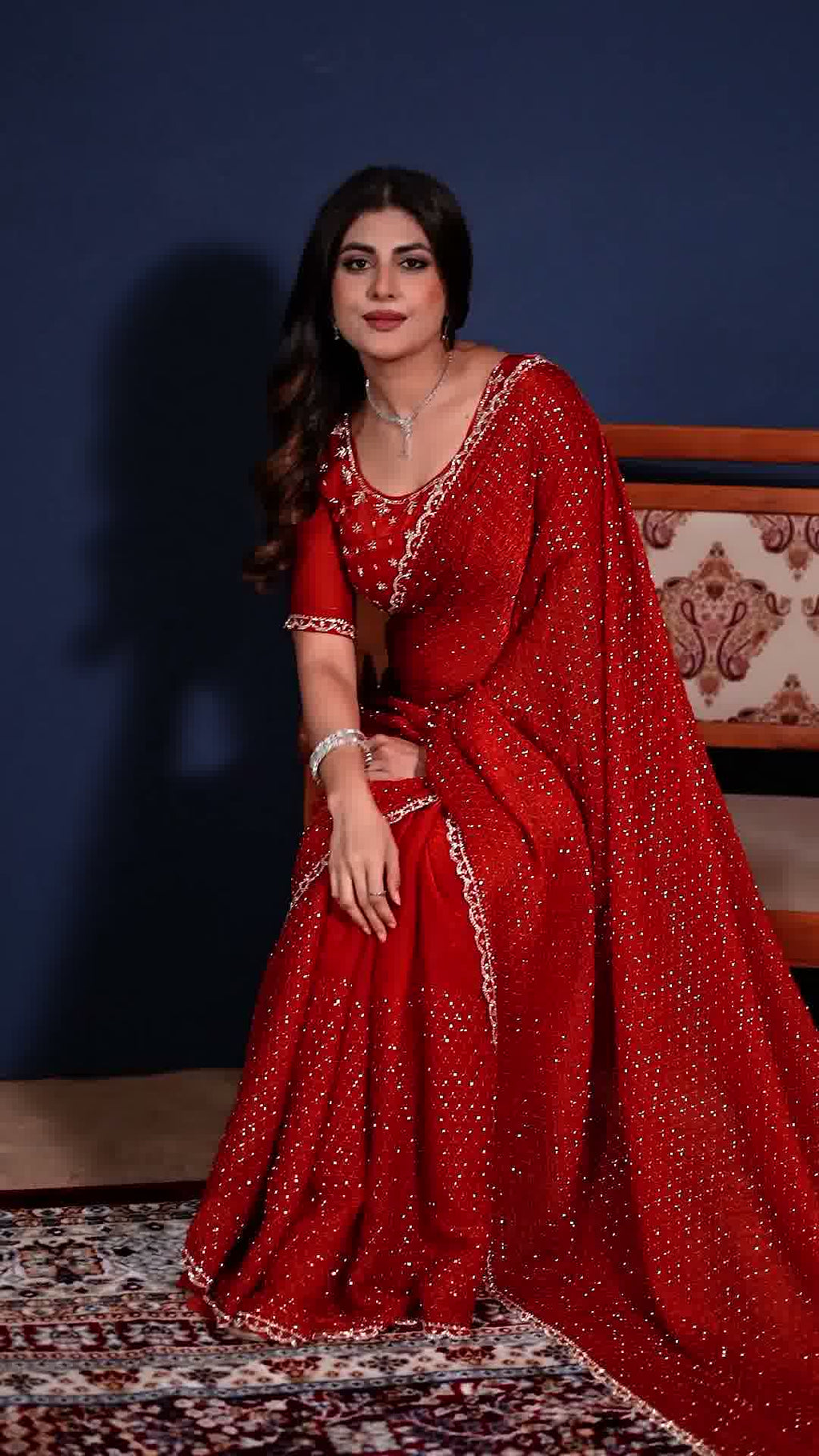 Red embellished designer saree, fourth view