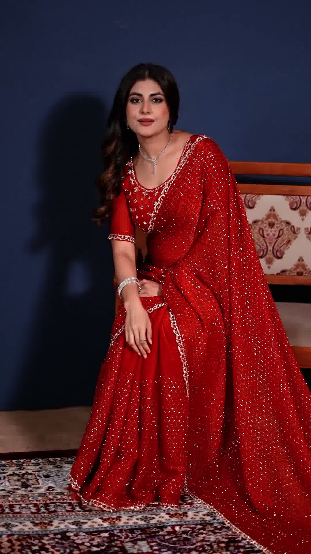 Red embellished designer saree, fourth view