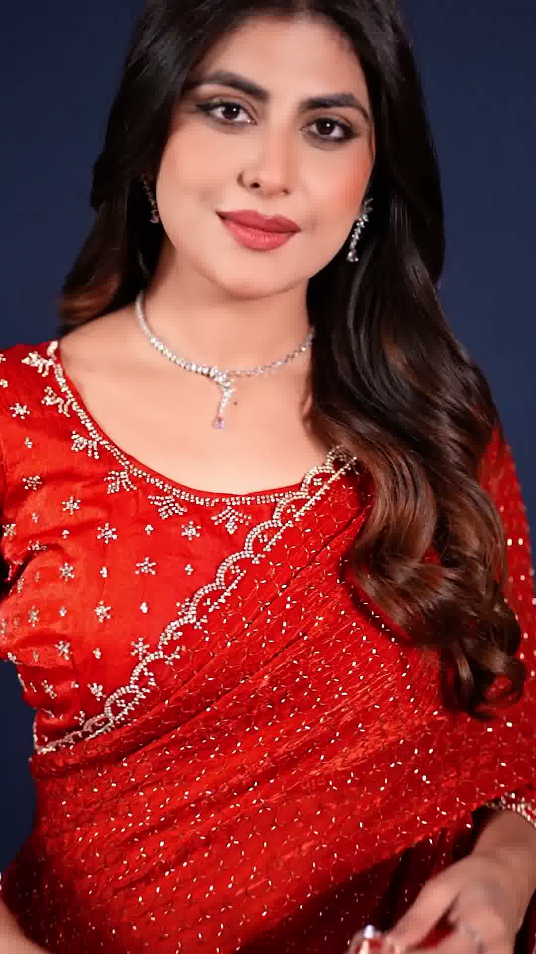 Red embellished designer saree, second view