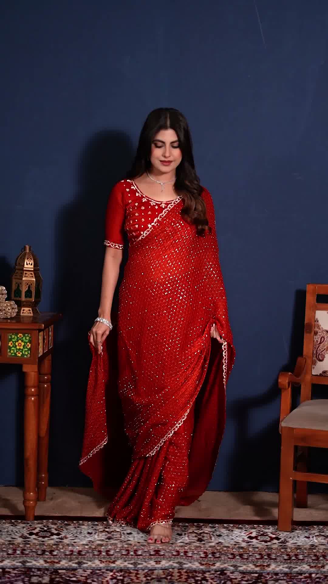 Red embellished designer saree, fifth view
