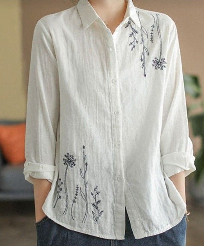The Meadow Breeze Embroidered Linen Shirt – Off-White