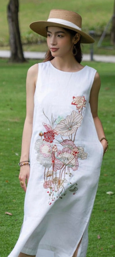 The Lotus Pond Embroidered Pure Linen Maxi Dress – Ivory