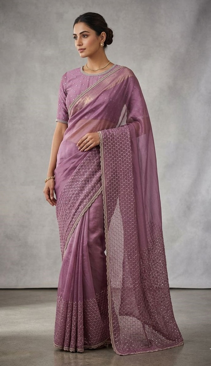 Mauve Purple Designer Saree with Intricate Sequin & Embroidered Work