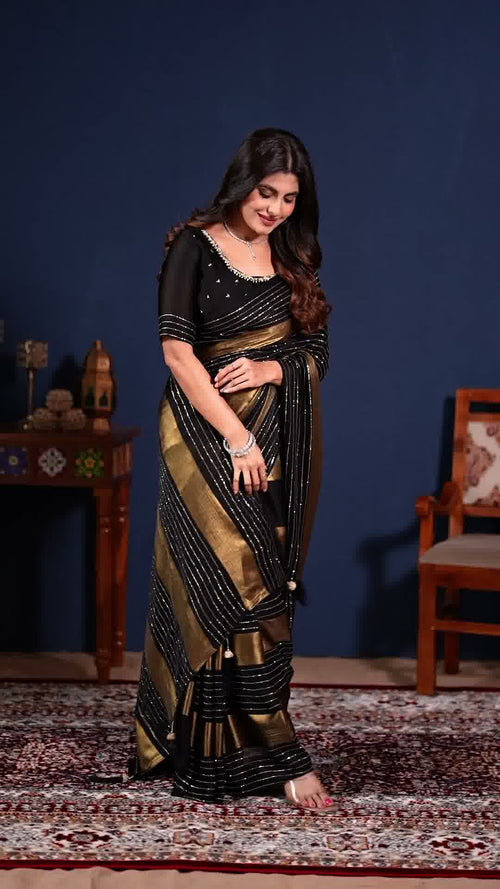 Black and golden party wear designer saree, second view