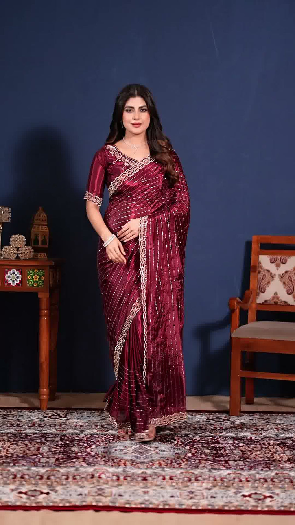 Wine maroon embellished designer saree, third view