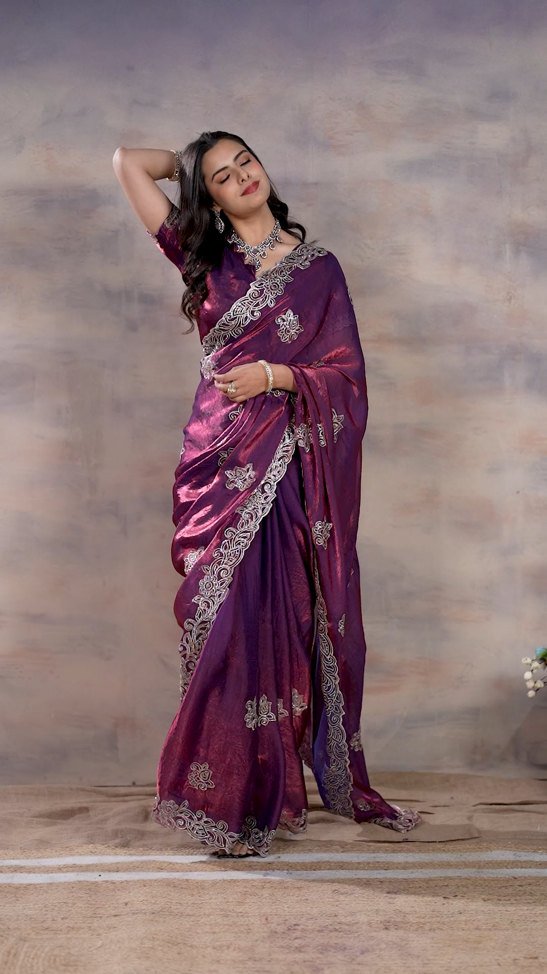 Royal plum purple Fandy silk saree with silver embroidery, third view