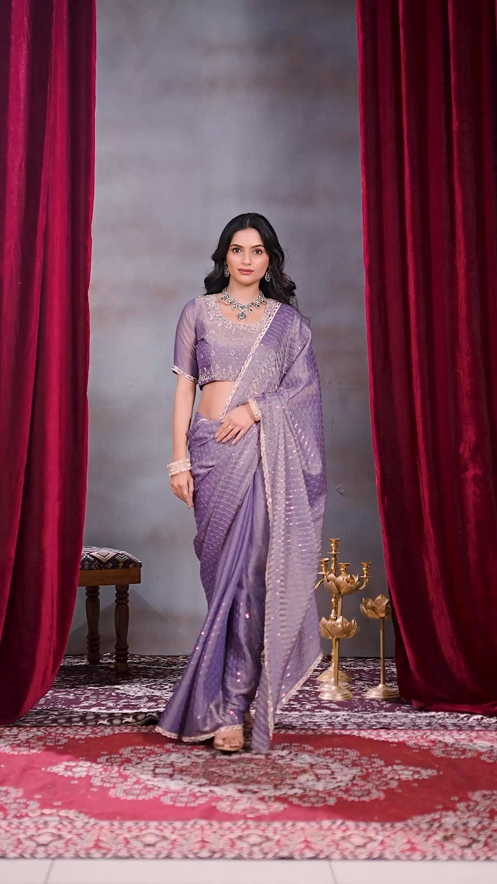 Lavender Fandy silk designer saree with sequin embellishments
