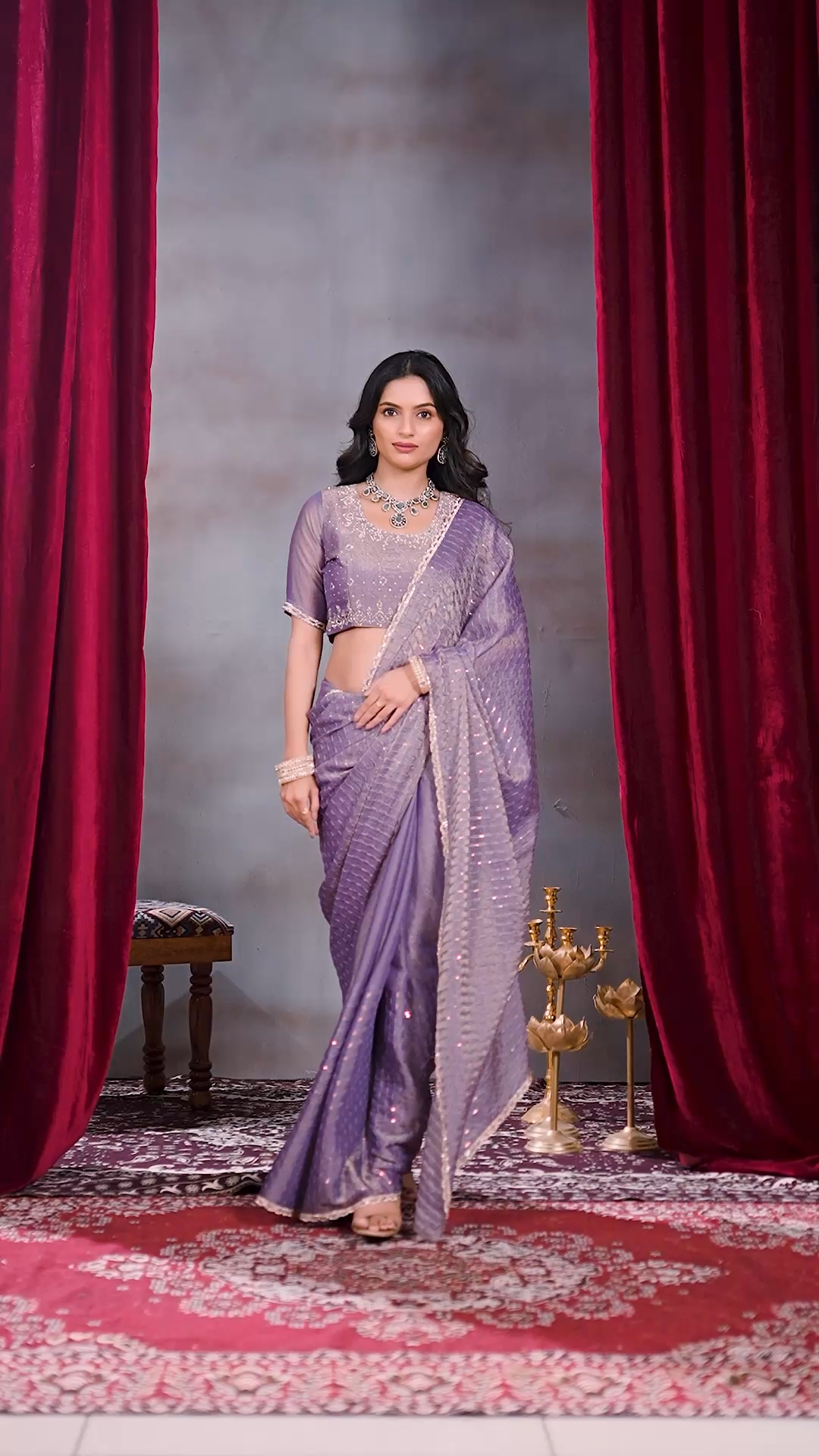 Lavender Fandy silk designer saree with sequin embellishments
