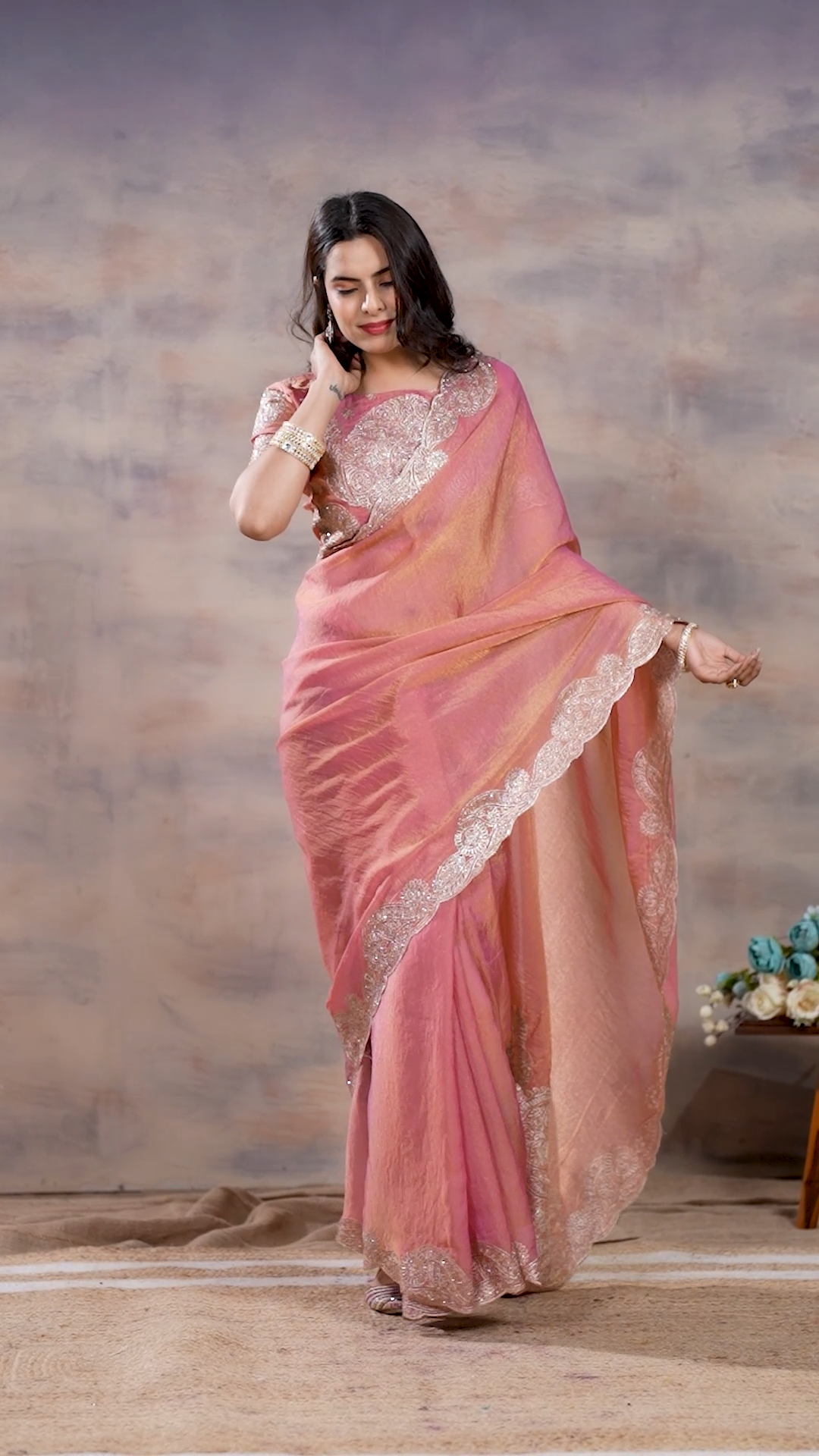 Rose pink NC Moss saree with intricate sequin embroidery