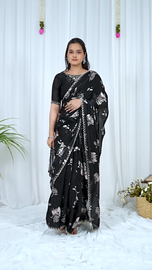Black Fandy foil print saree with a silver floral foil design