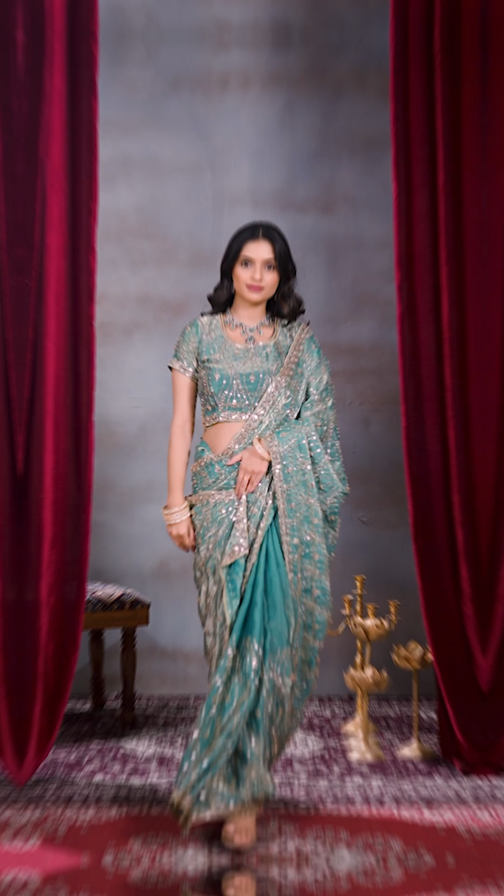 Sea green sequin embellished party wear saree with designer blouse