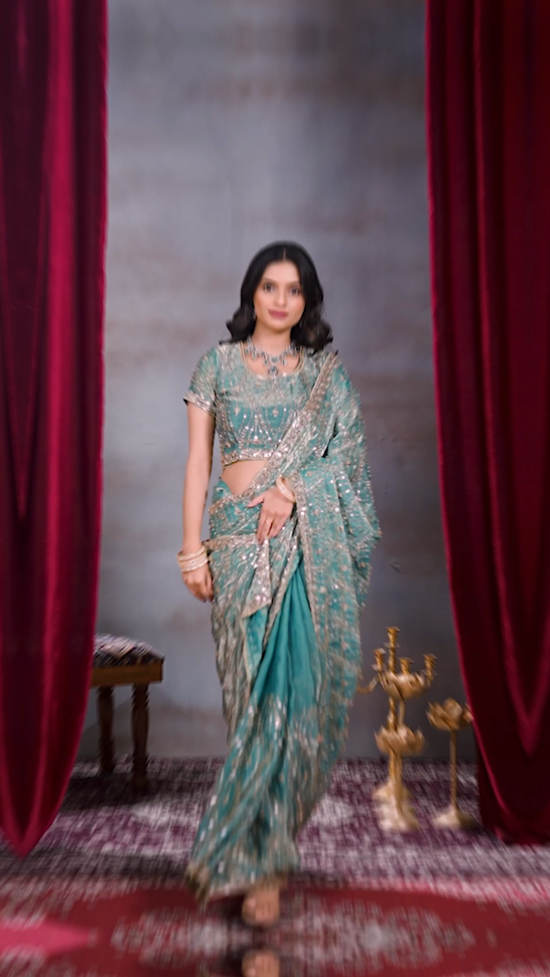 Sea green sequin embellished party wear saree with designer blouse