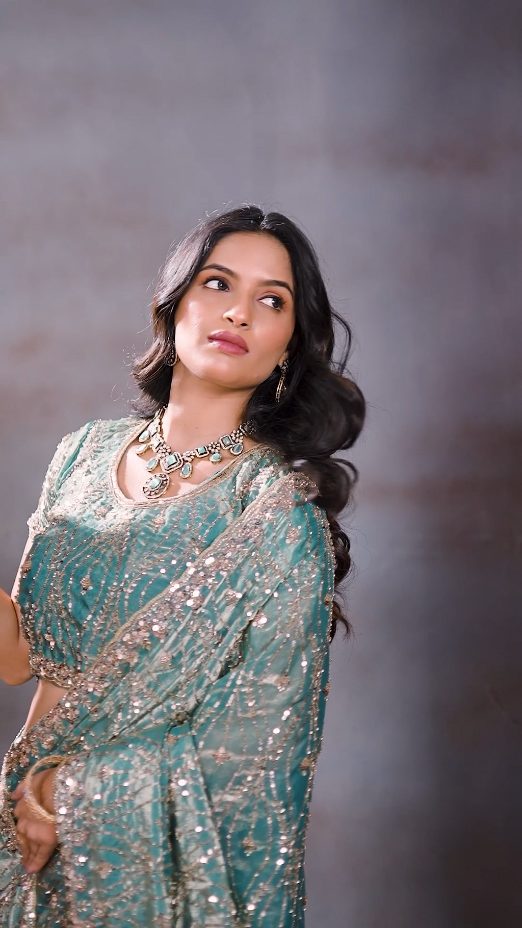 Sea green sequin embellished party wear saree, second view