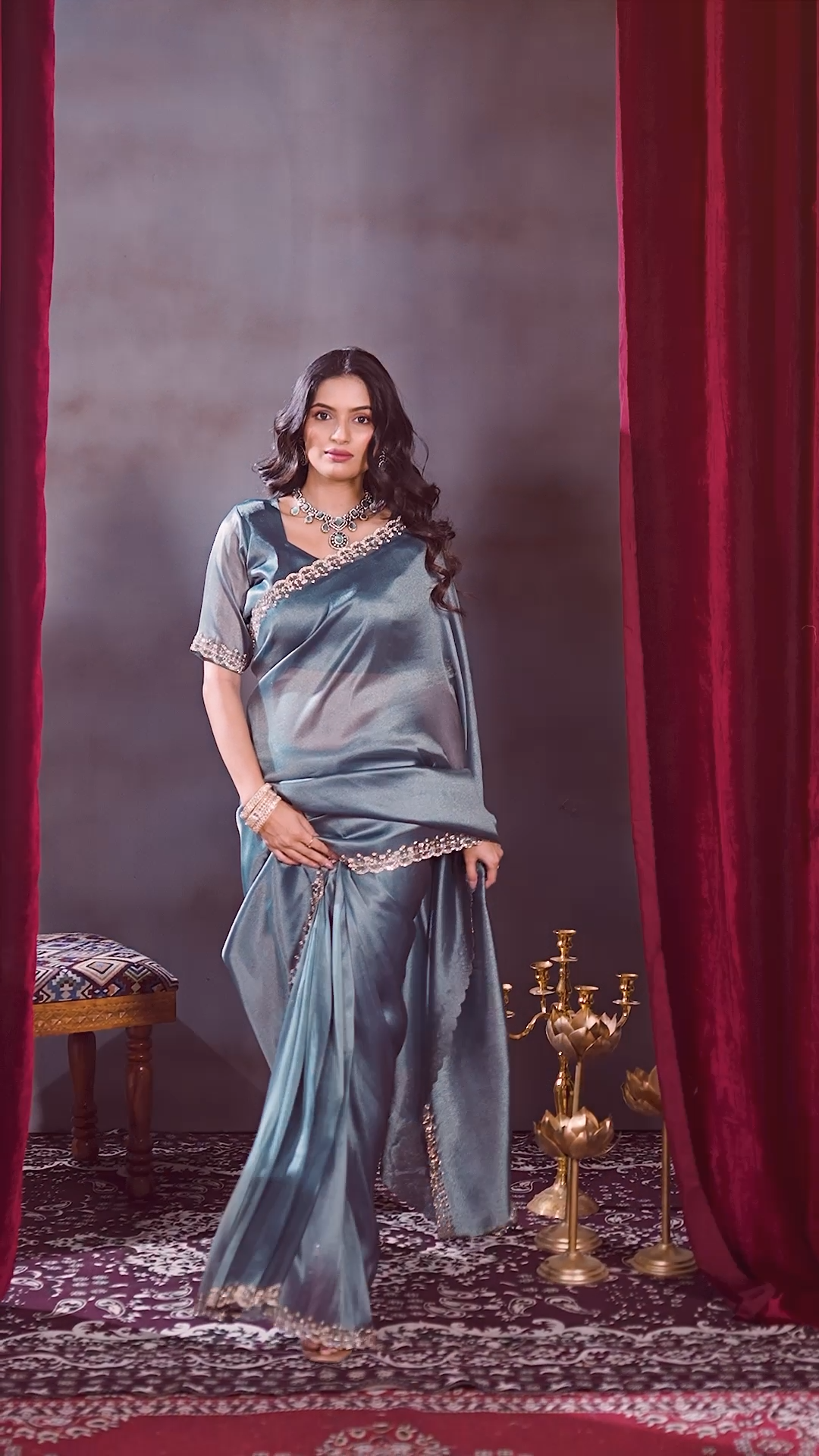 Steel blue Chandaniya silk saree with an embellished lace border