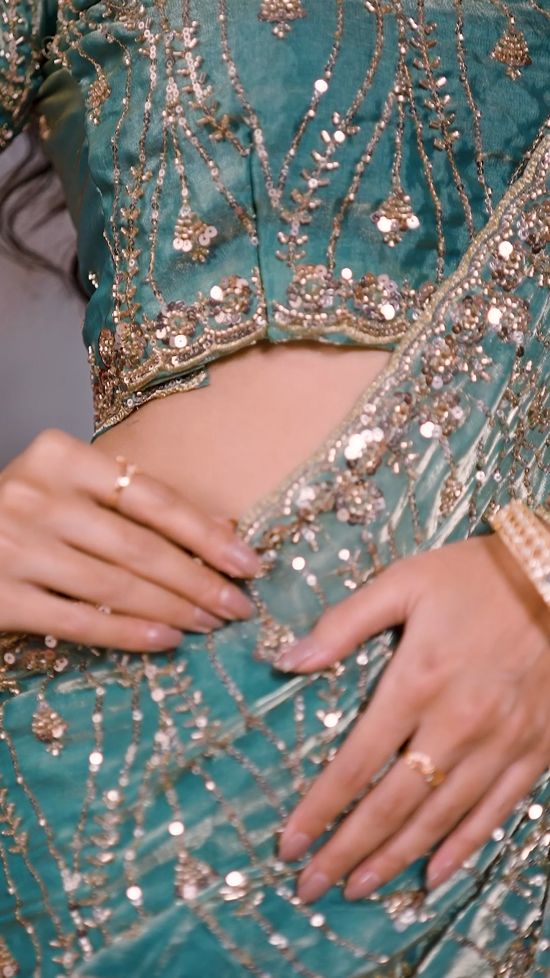 Sea green sequin embellished party wear saree, fourth view