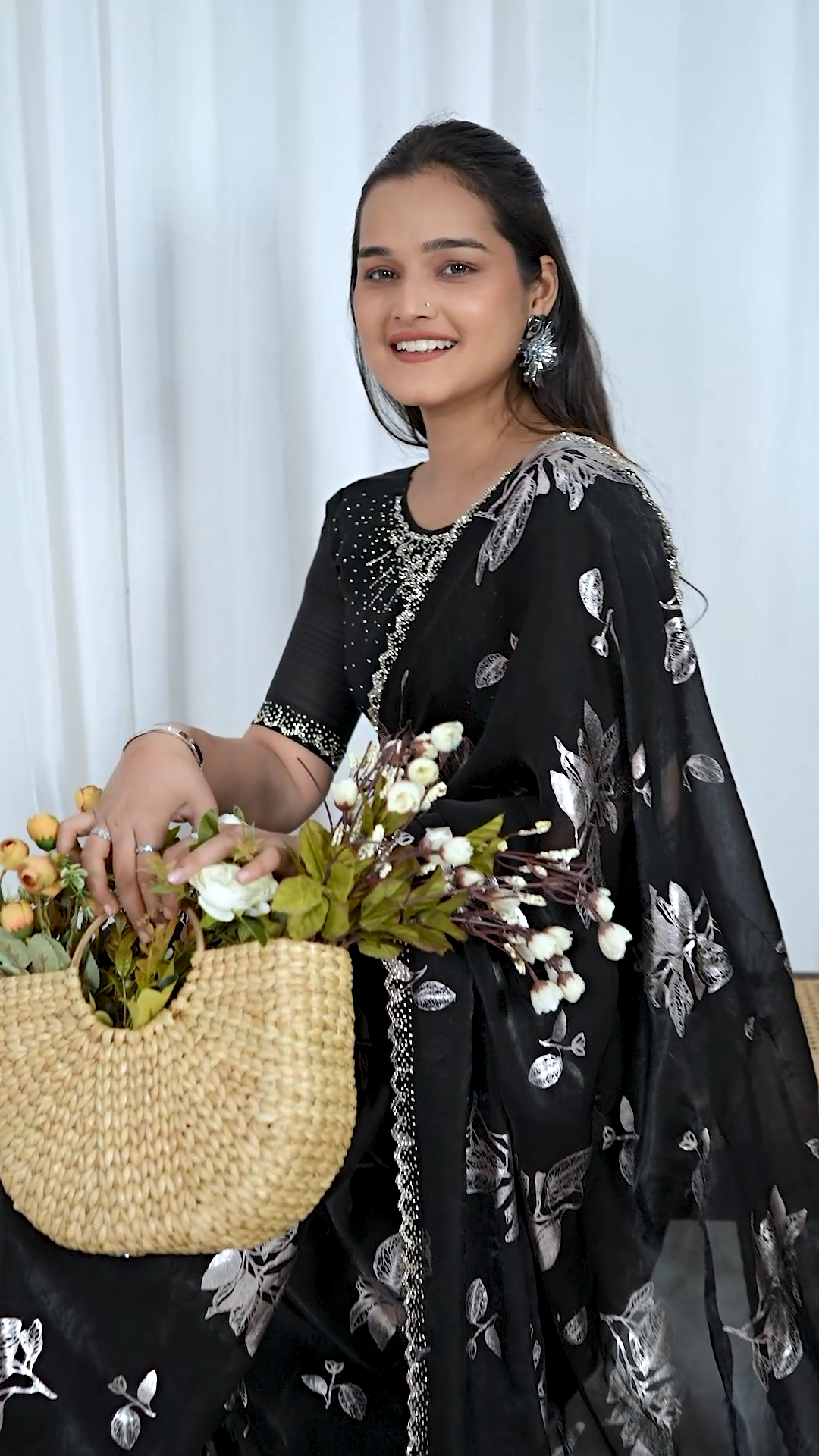Black Fandy foil print saree with silver floral design, second view