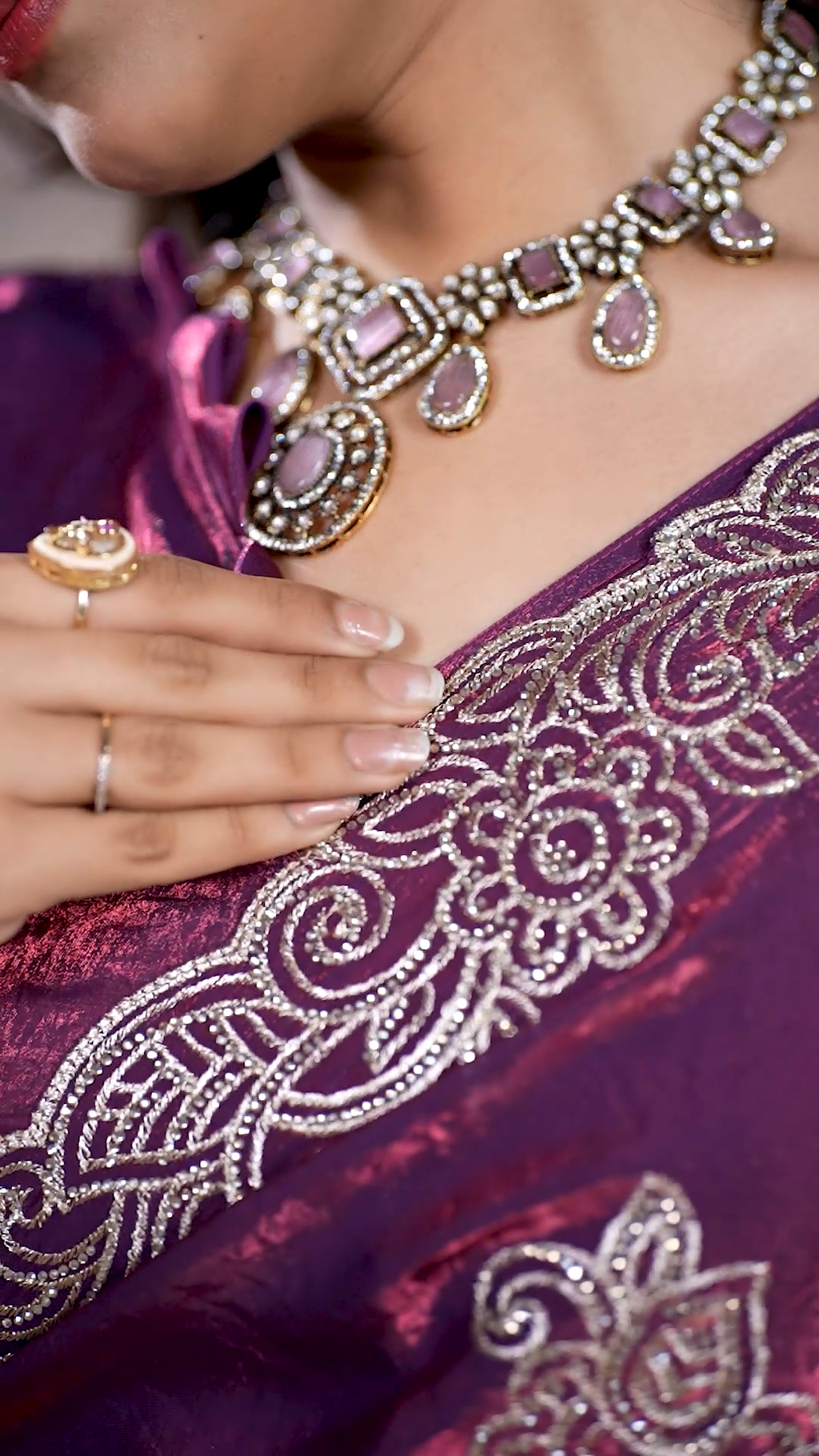 Royal plum purple Fandy silk saree with silver embroidery, fourth view