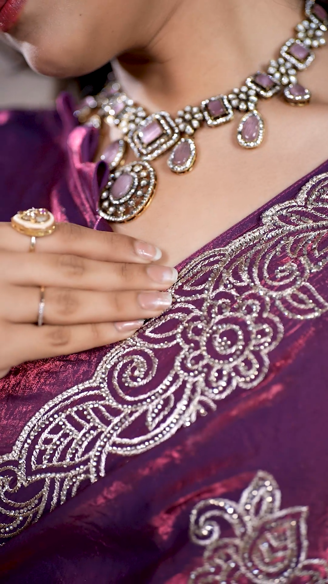 Royal plum purple Fandy silk saree with silver embroidery, fourth view