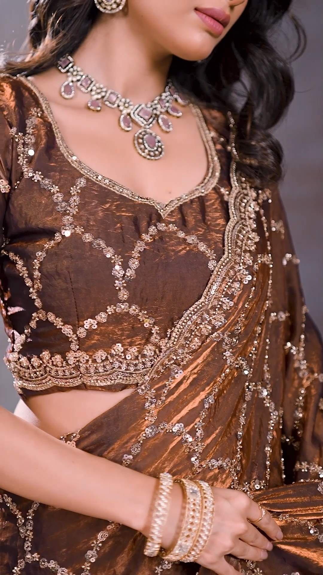 Brown Fandy silk sequin designer saree, second view