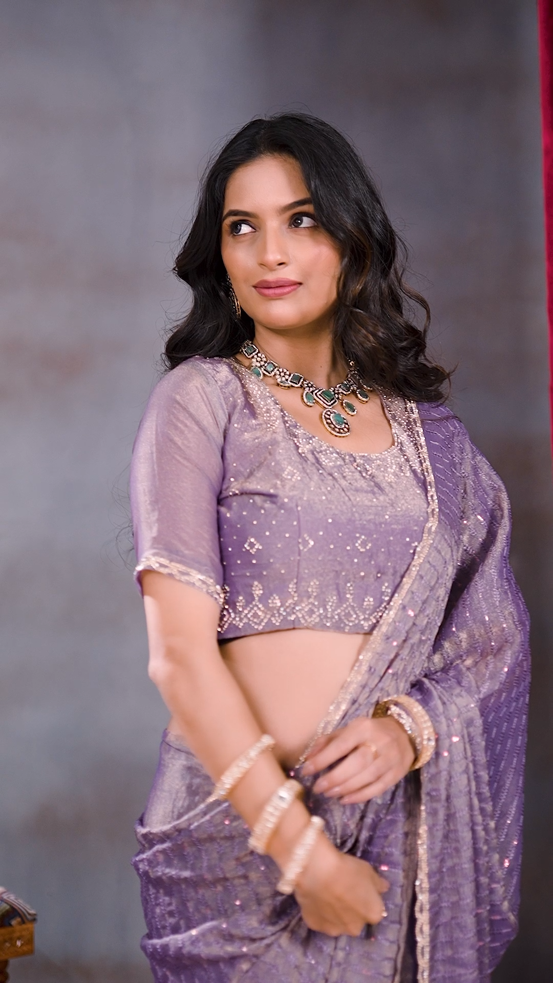Lavender Fandy silk sequin designer saree, third view