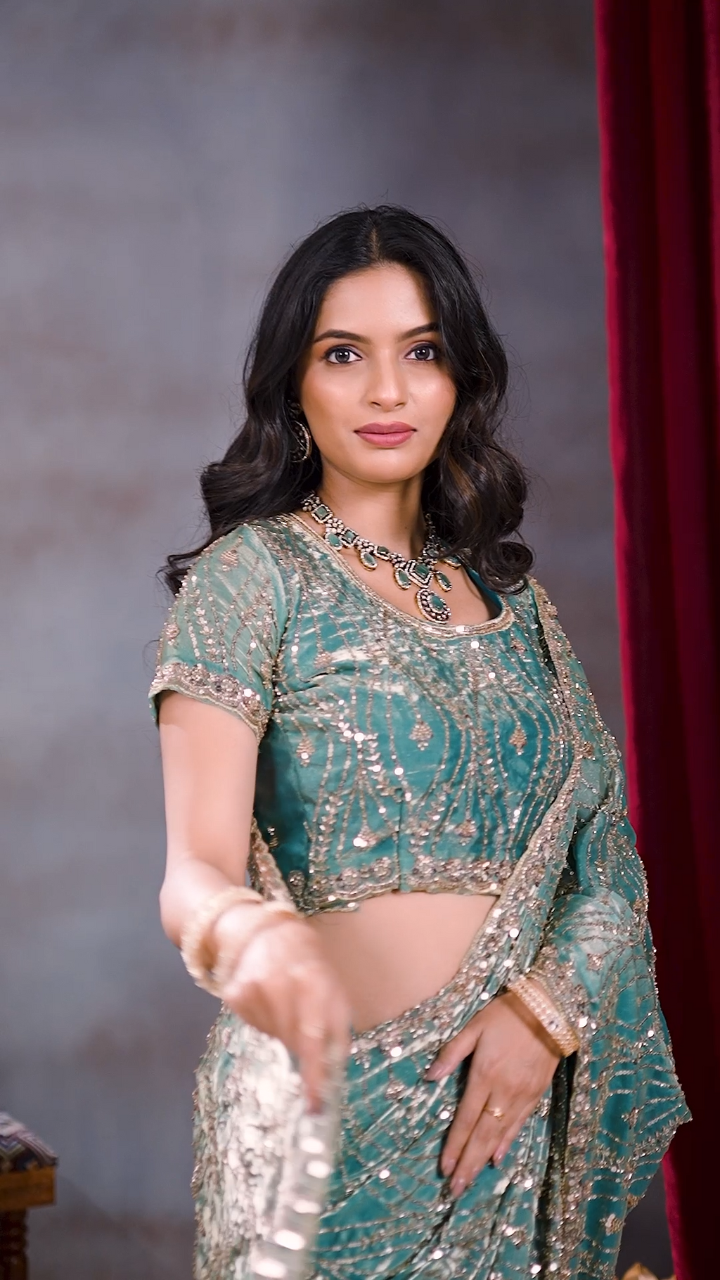 Sea green sequin embellished party wear saree, fifth view