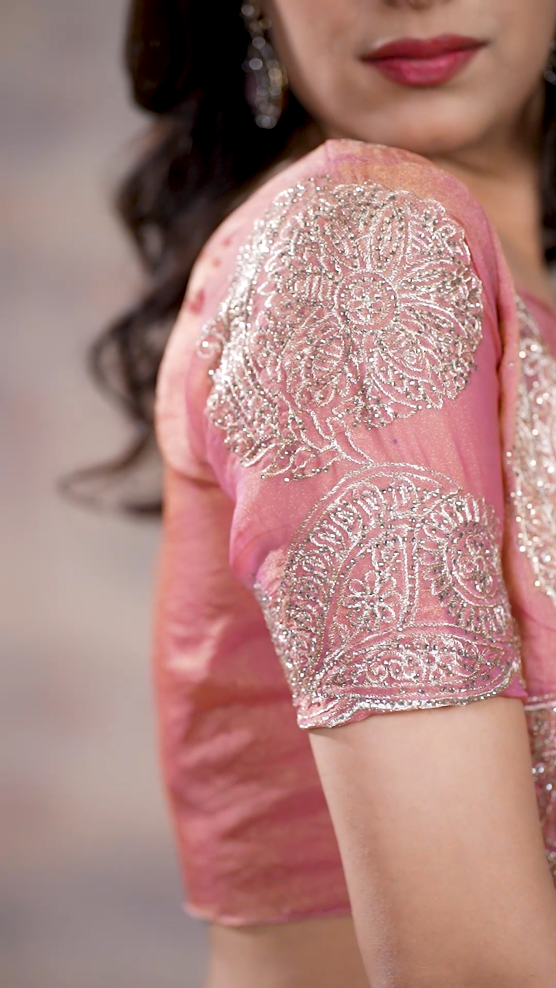 Rose pink NC Moss sequin embroidered saree, third view