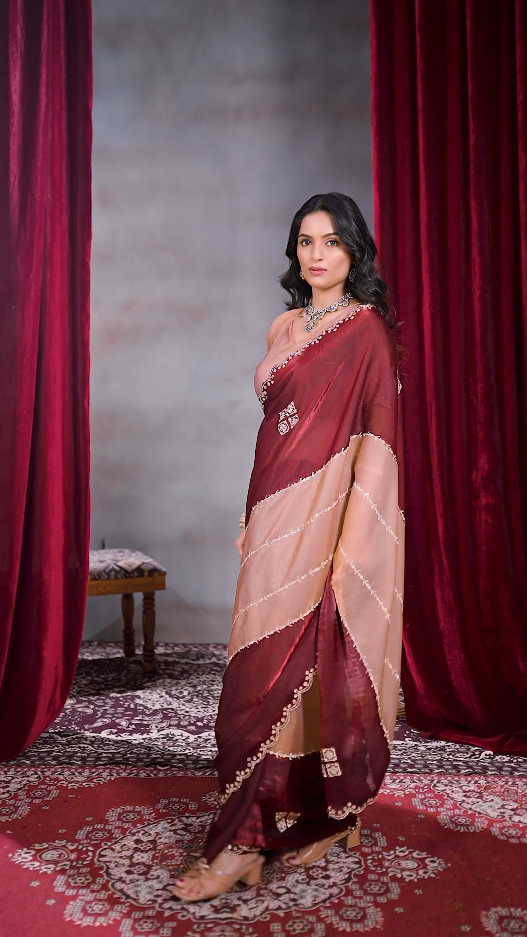 Wine and peach Fandy silk designer saree, fourth view