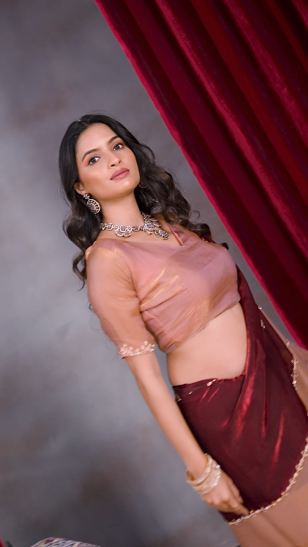 Wine and peach Fandy silk designer saree, third view