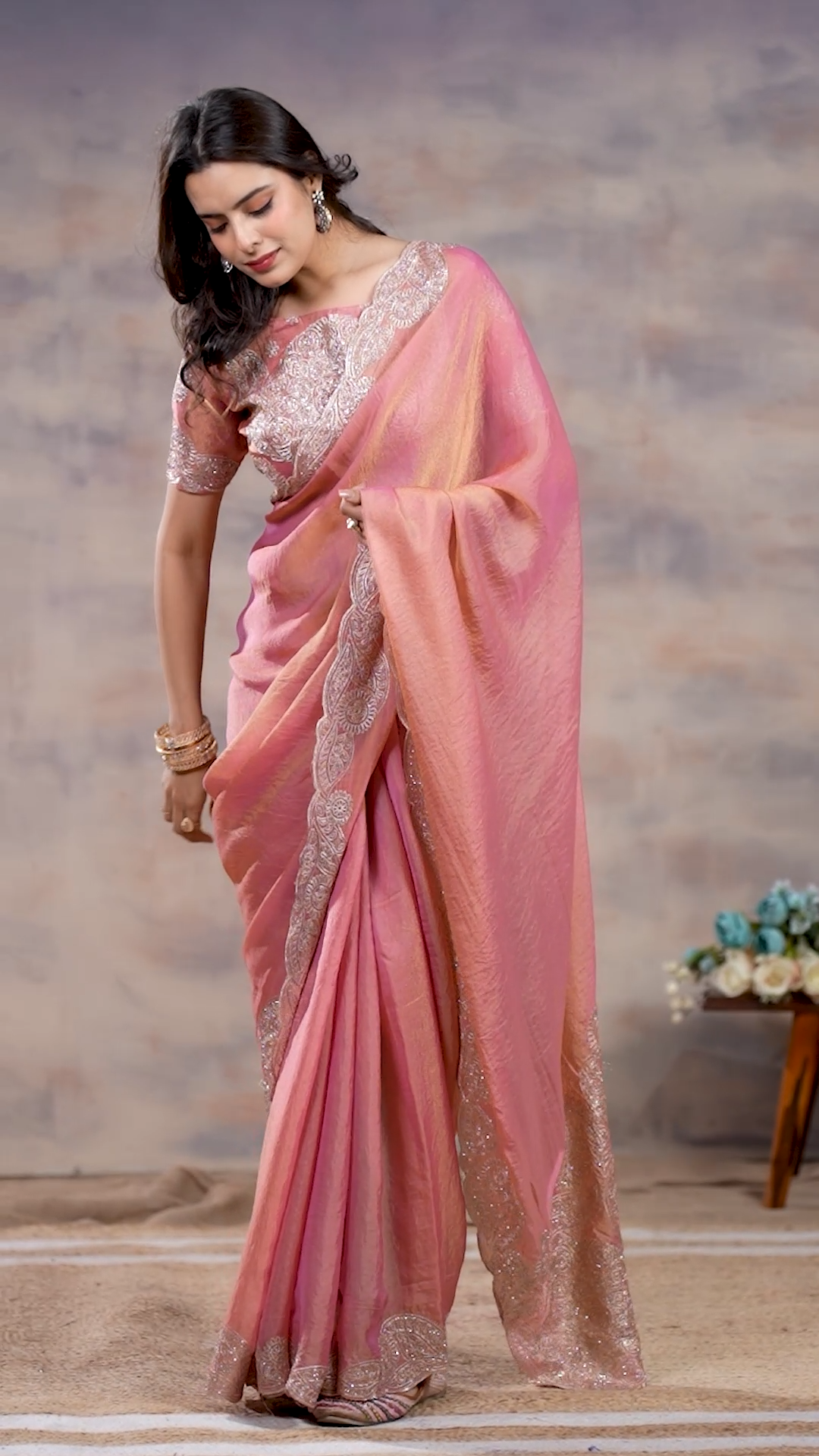Rose pink NC Moss sequin embroidered saree, fourth view