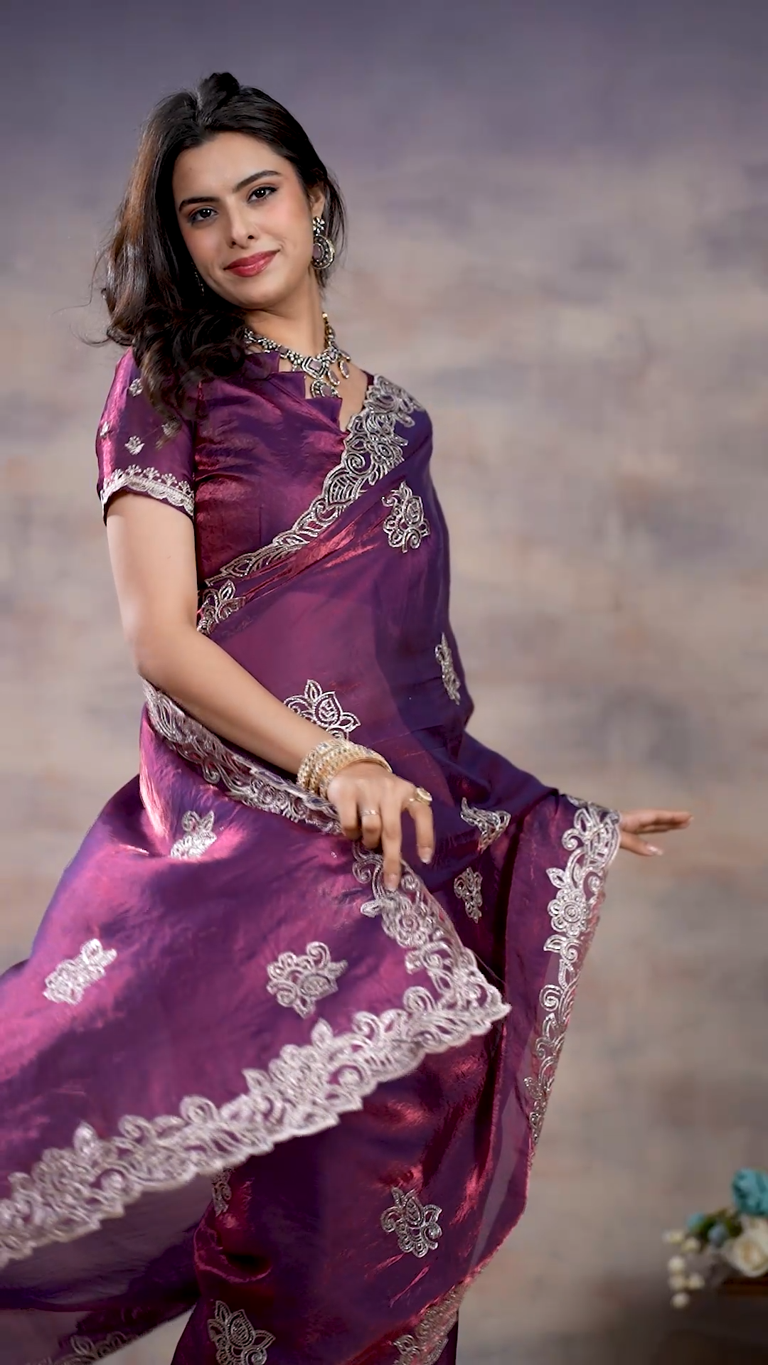 Royal plum purple Fandy silk saree with silver embroidery, second view