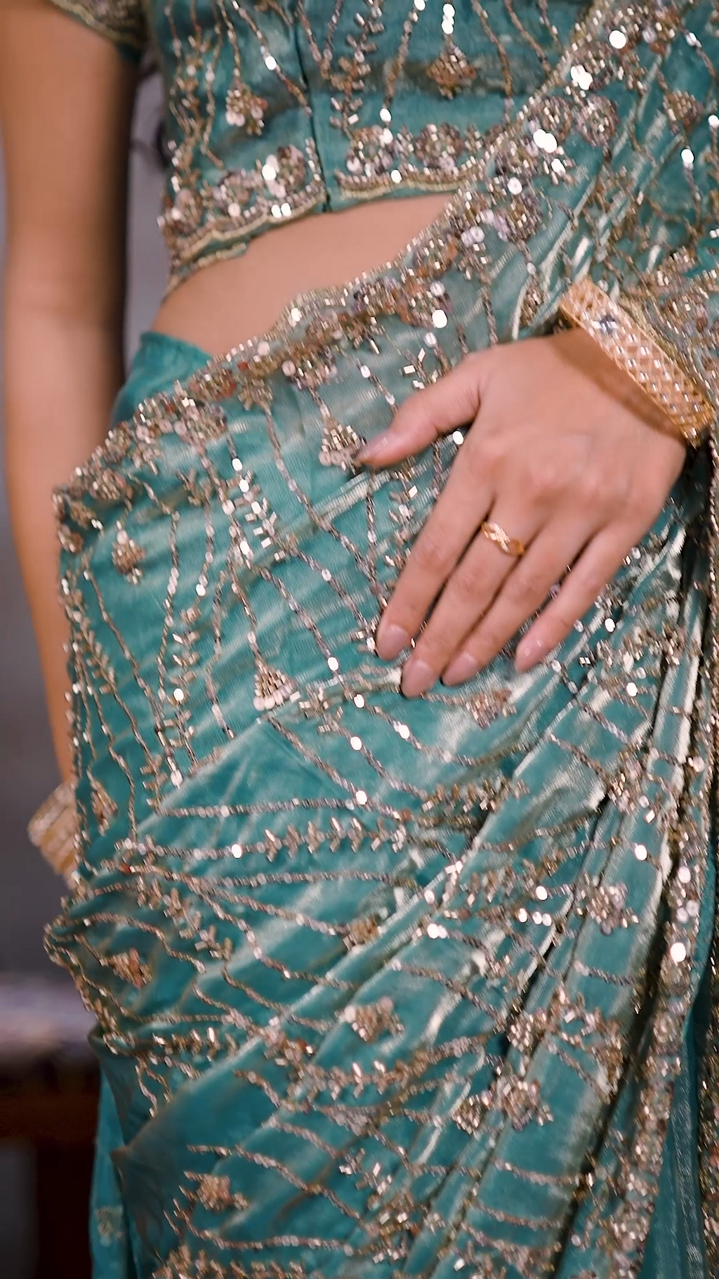 Sea green sequin embellished party wear saree, sixth view