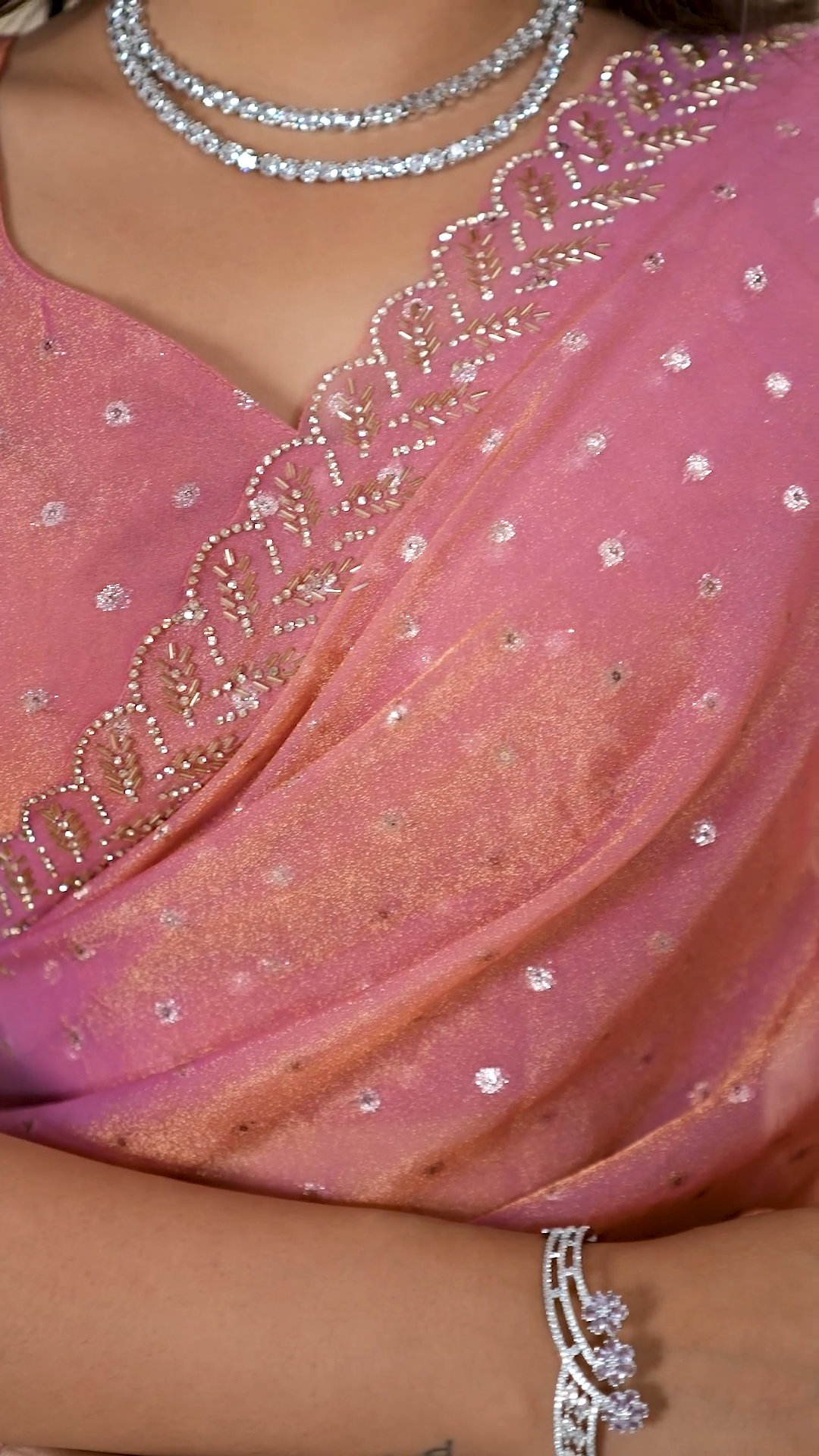 Pink NC Moss saree with sequin butti work, fourth view