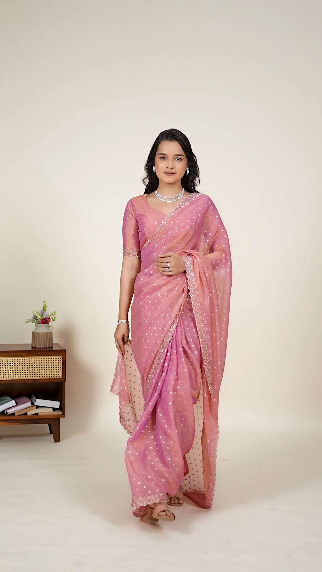 Pink NC Moss saree with sequin butti work, fifth view
