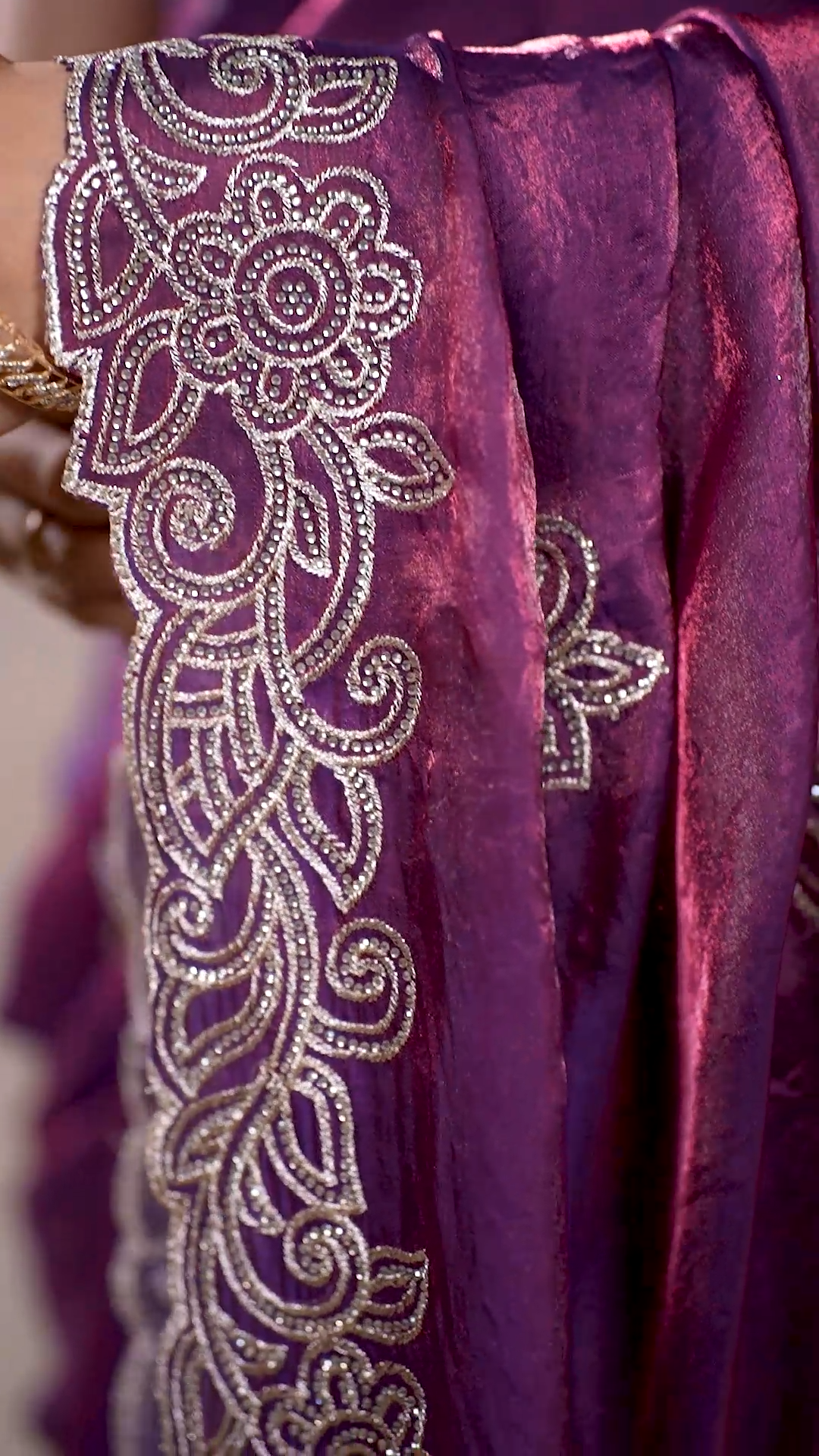 Royal plum purple Fandy silk saree with silver embroidery, fifth view