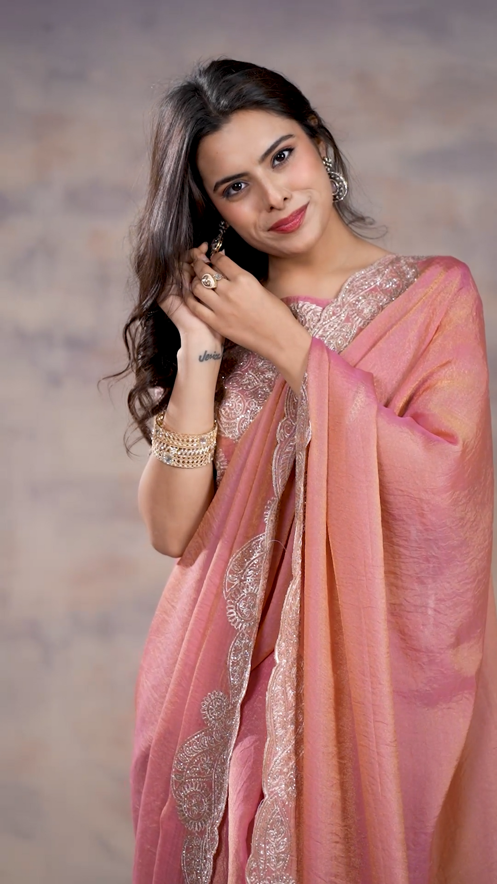Rose pink NC Moss sequin embroidered saree, fifth view
