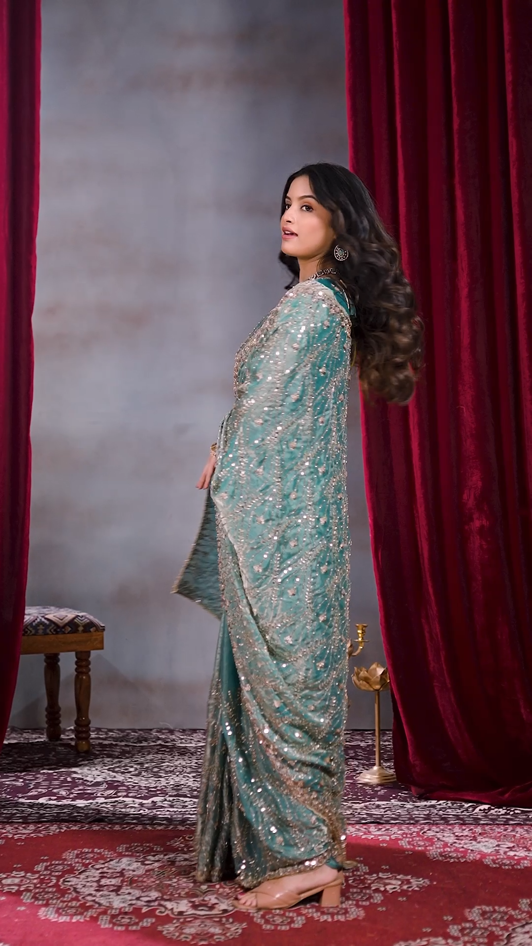 Sea green sequin embellished party wear saree, third view