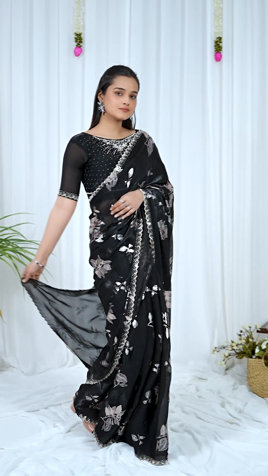 Black Fandy foil print saree with silver floral design, third view