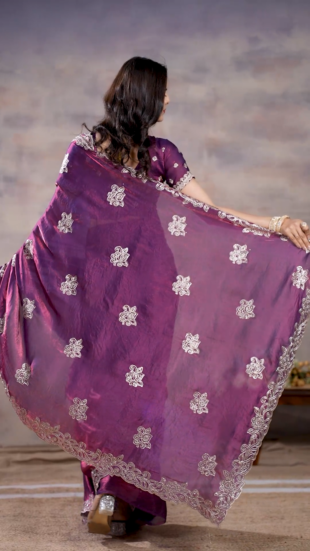 Royal plum purple Fandy silk saree with silver embroidery, sixth view