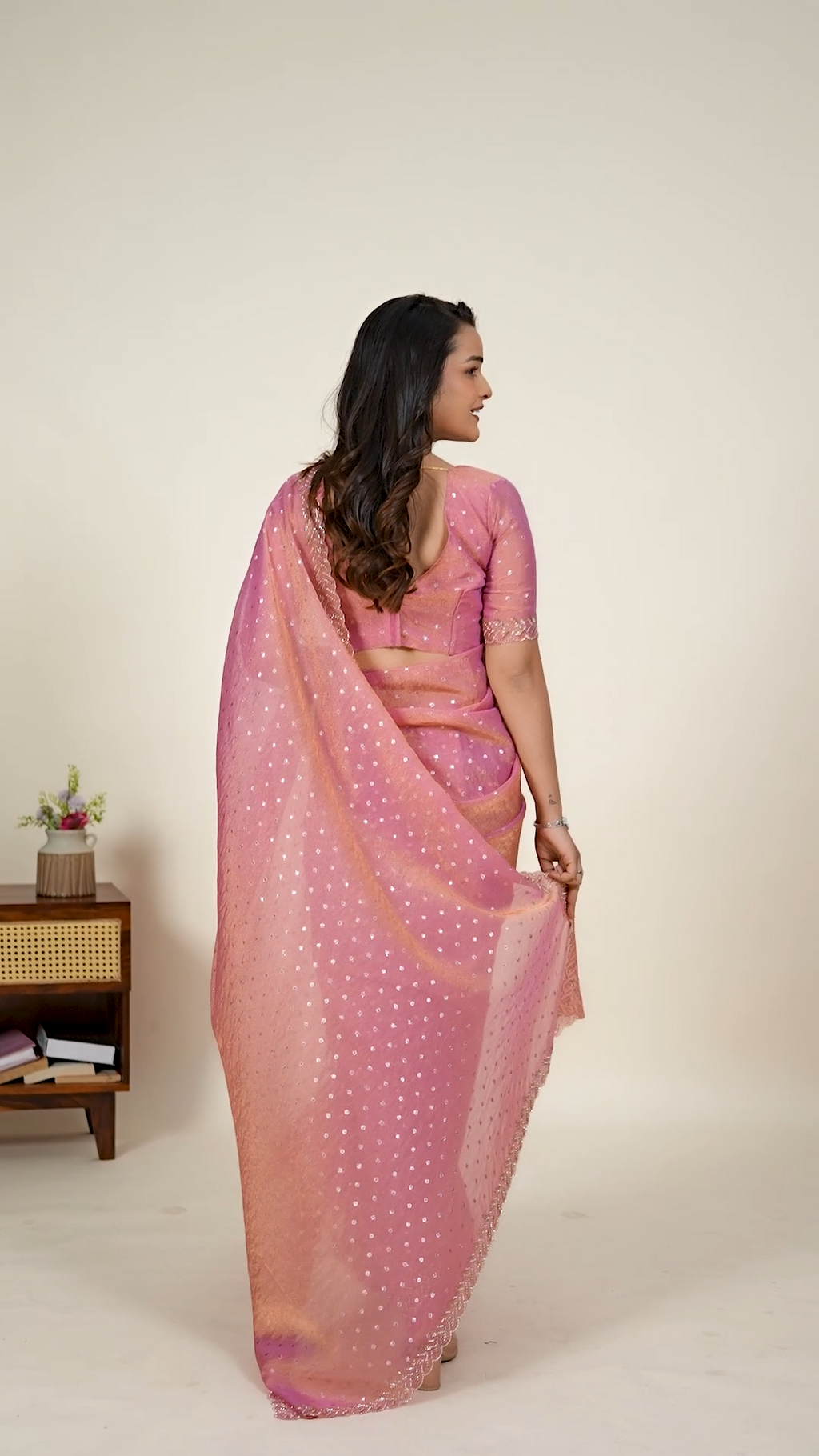 Pink NC Moss saree with sequin butti work, second view