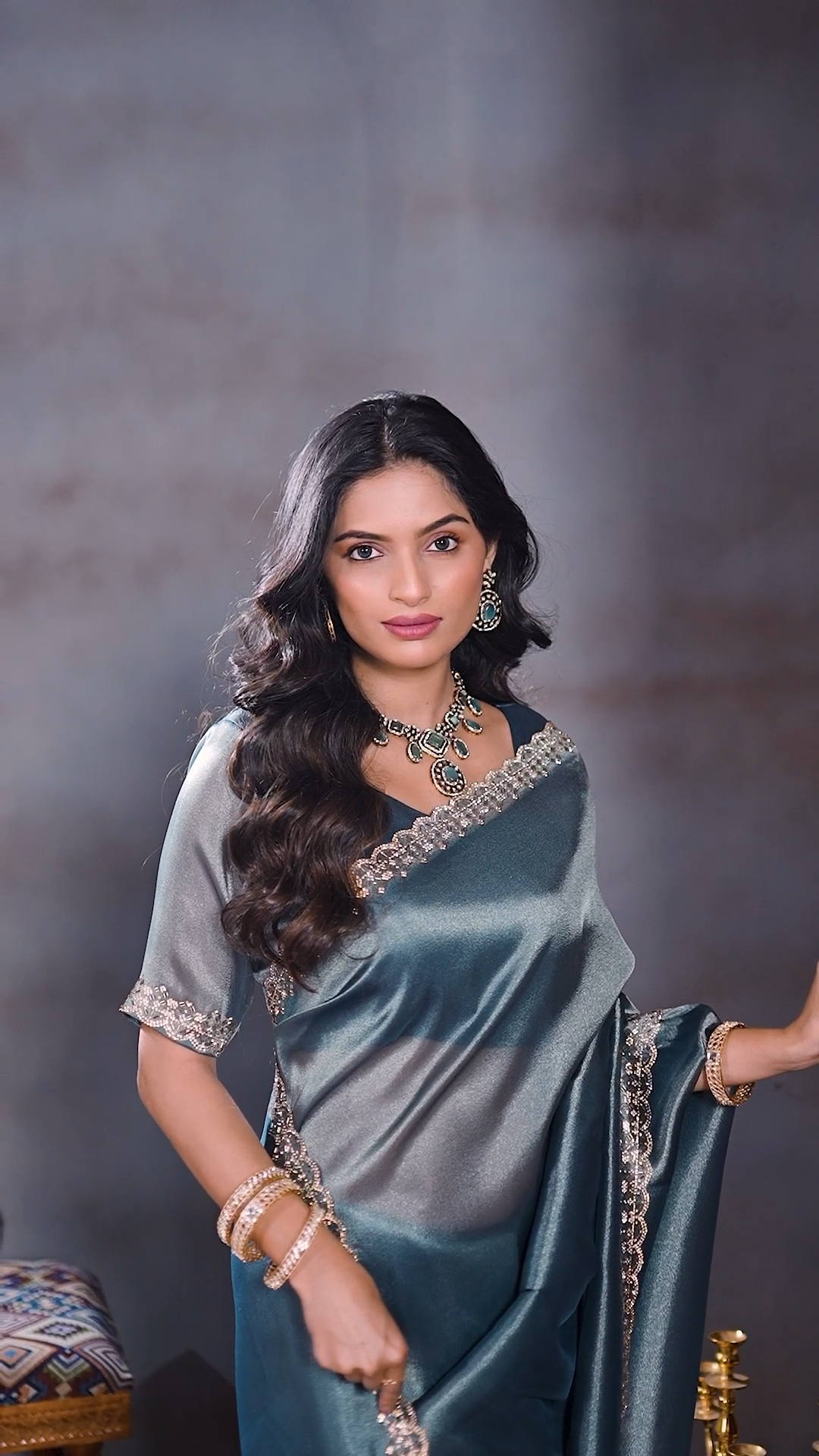 Steel blue Chandaniya silk saree, third view