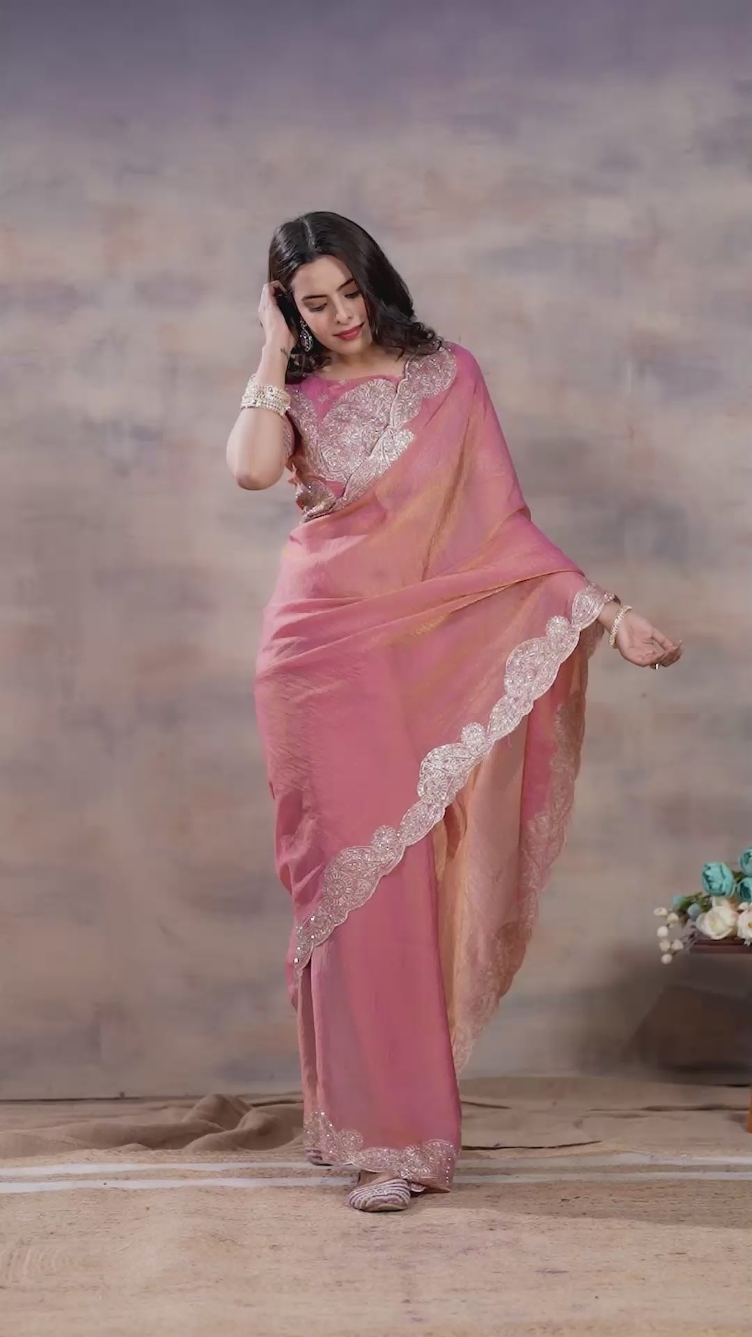 Video of the rose pink NC Moss sequin embroidered saree