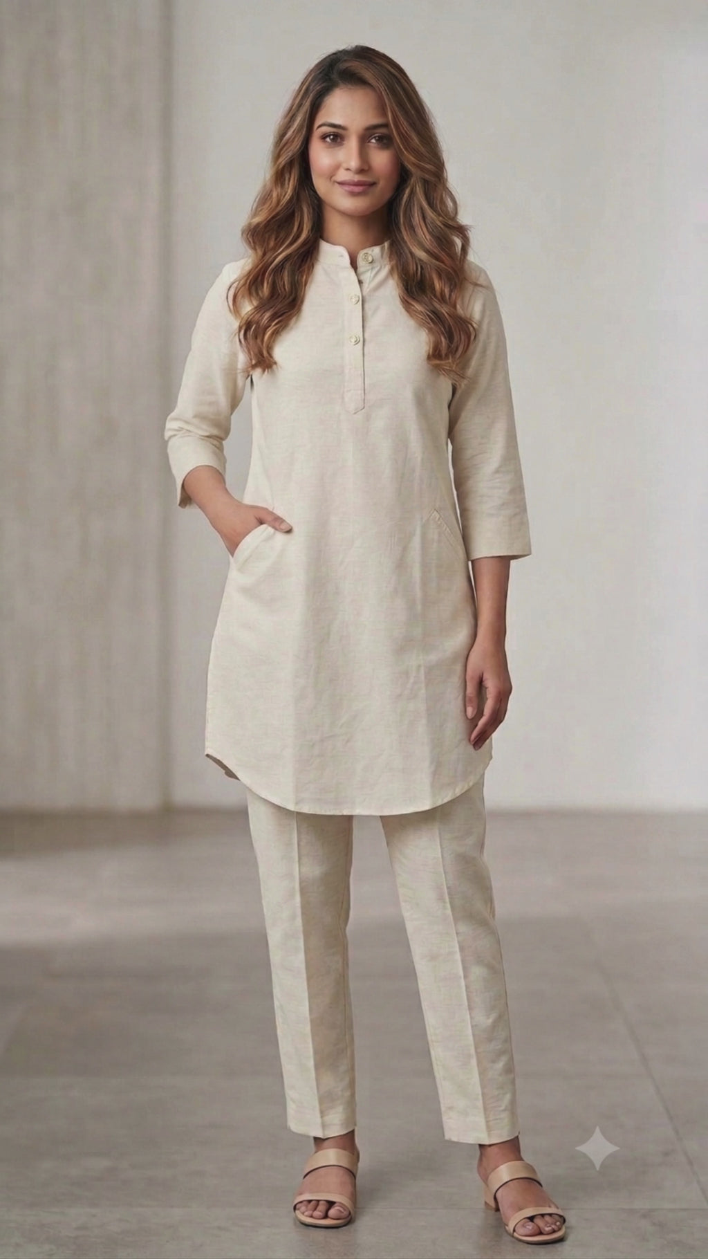 Ivory Linen-Look Pure Cotton Kurta & Pant Co-ord Set.