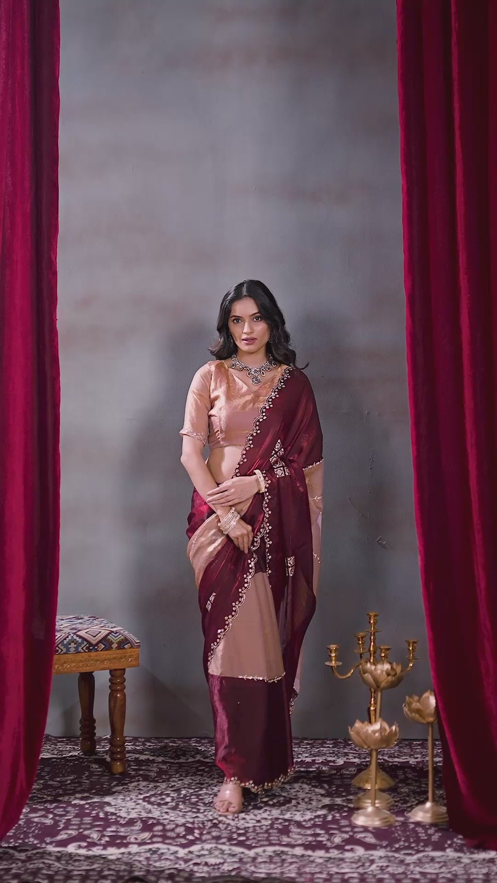 Video of the wine and peach Fandy silk designer saree