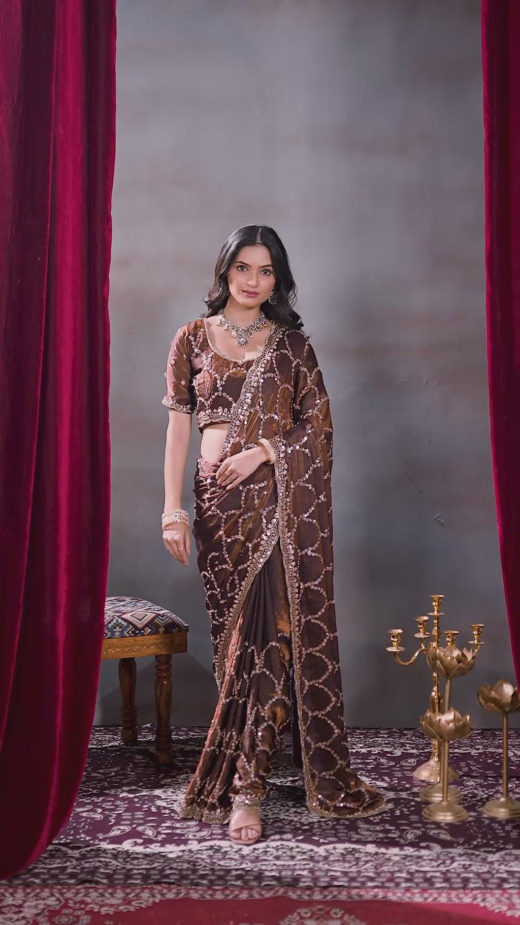 Video of the brown Fandy silk sequin designer saree